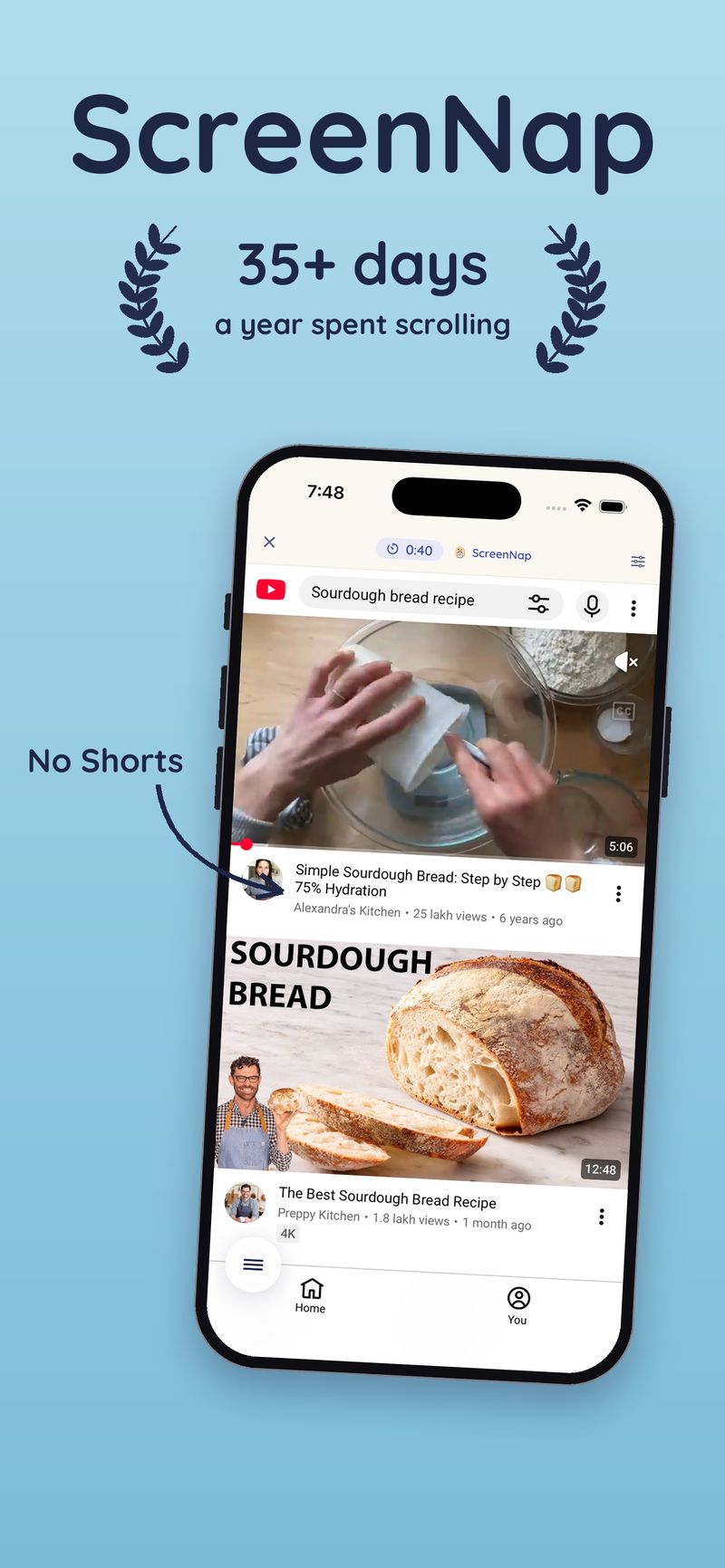 YouTube opened inside ScreenNap with Shorts hidden, showing search results for a sourdough bread recipe