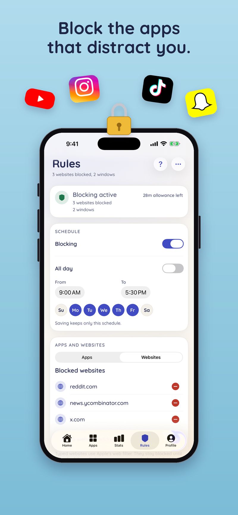 The Rules screen with blocking active on a weekday schedule and three blocked websites, with Instagram, TikTok, YouTube and Snapchat locked