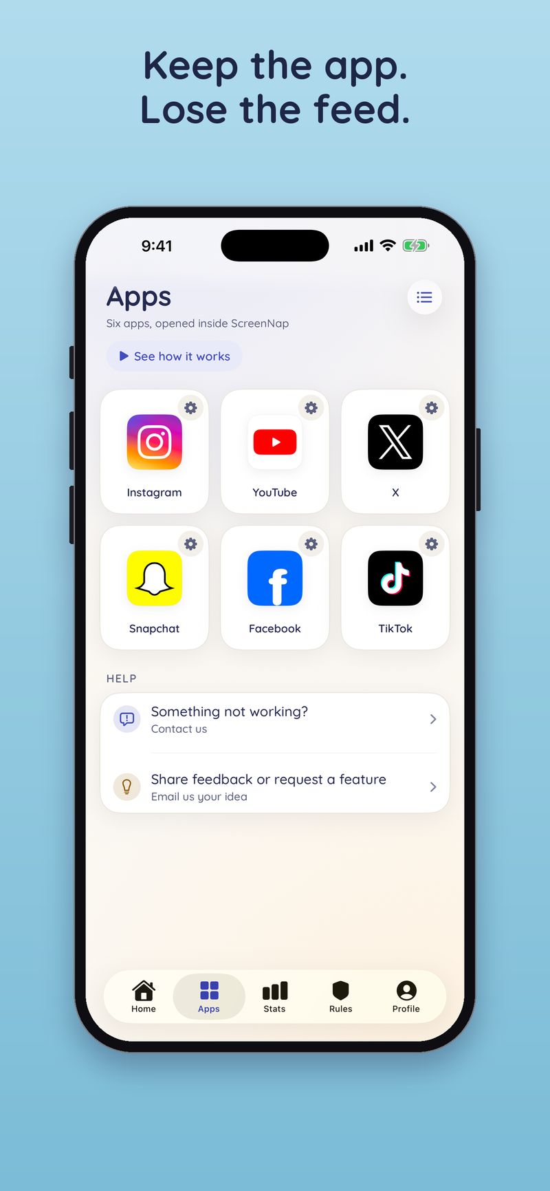 The Apps screen with Instagram, YouTube, X, Snapchat, Facebook and TikTok, each opened inside ScreenNap