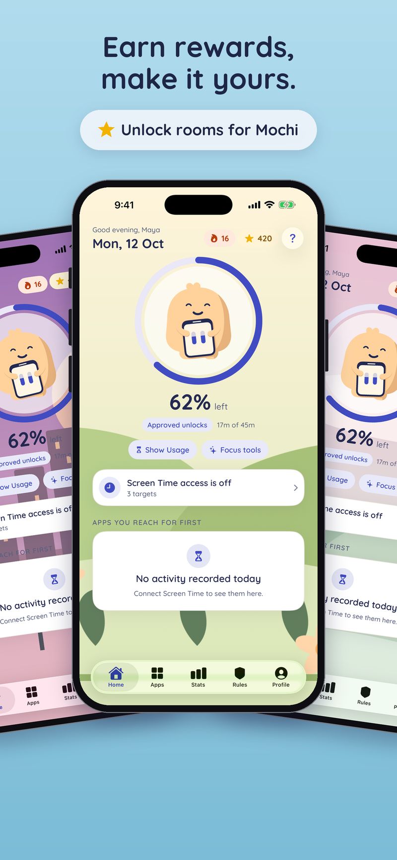 Home screens with Mochi in different rooms, the share of today’s time left and points to unlock more rooms