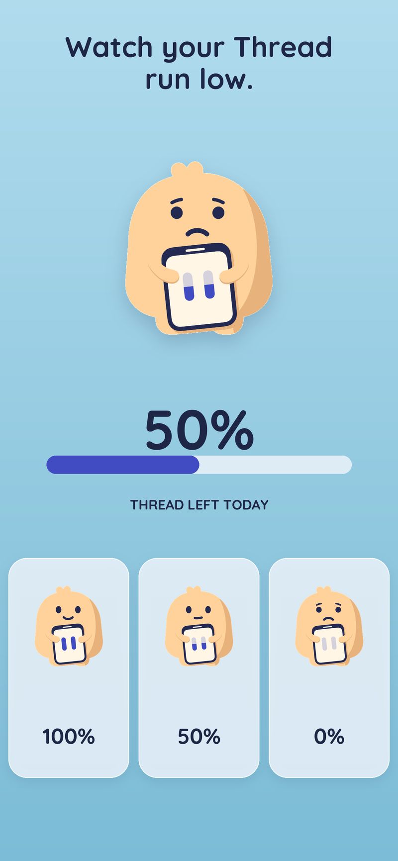 Mochi’s mood at 100, 50 and 0 percent of today’s time left, with half of the day’s time used